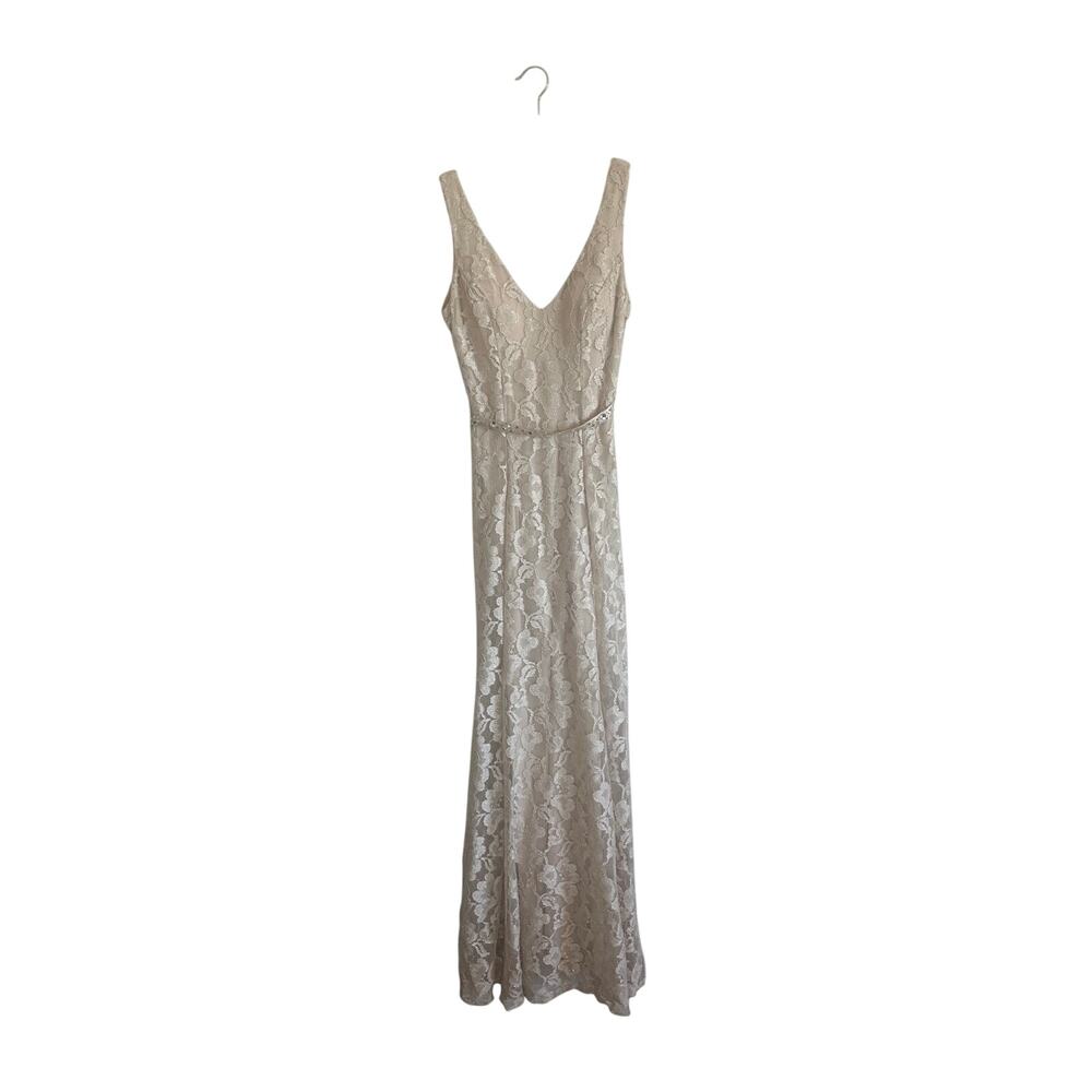 B. Darlin Women's Lace Maxi Evening Gown 3/4 Sleeveless V-Neck Beige Dress